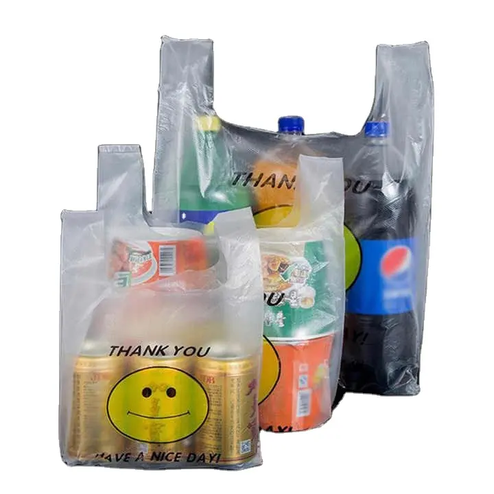 Colete estampado de supermercado com alças em LDPE/HDPE, sacola plástica biodegradável P-life para compras, logotipo personalizado com pequeno MOQ