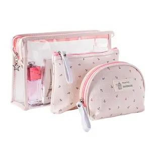 Nouveau Style doux PVC sac de voyage 3 Pack trousse de toilette organisateur avec fermeture éclair douche sac cosmétique clair pour femmes filles