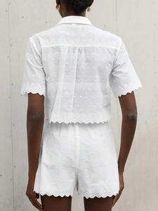 Conjunto de dos piezas con bordado tejido informal para mujer, conjunto de camisa de manga corta con cuello y pantalones cortos de pierna recta, novedad de verano al por mayor - Product Image 2