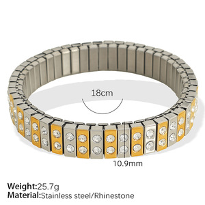 Brazalete elástico de dos tonos con circonitas incrustadas, de acero inoxidable, resistente al deslustre, estilo vintage, apilable, para parejas. - Product Image 6