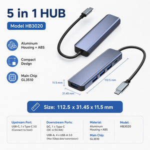 Hub USB-C 5-en-1 en aluminium en gros, puce GL3510, 5 Gbit/s, alimenté, répartiteur USB 3.0 à 4 ports, adaptateur Type-C vers USB-A avec alimentation CC - Product Image 5