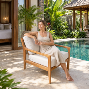 Modern Teak Wood Garden Chair <b>Cushioned</b> Outdoor Lounge <b>Seat</b> Embossed Design Foam Filled Patio Courtyard Hotel Villa Furniture - Product Image 4