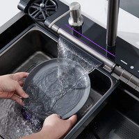Évier de cuisine multifonctionnel intelligent en acier inoxydable nano alvéolé avec affichage de la température, cascade à touches de piano, gris brossé