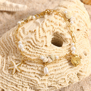 Bracelet à double chaîne sur le thème de l'océan, coquillages, pendentif étoile de mer plaqué or 18 carats, style bohème, bijoux de plage - Product Image 3