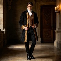 Manteau long de capitaine pirate médiéval pour homme, style rétro steampunk gothique, frak orné de brocart doré, veste de costume pour Halloween
