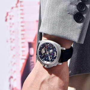 Reloj mecánico Skeleton para hombre, acero inoxidable, 14mm, esfera de cristal resistente al agua, correa de cuero de vaca PD-YS017 - Product Image 3