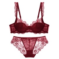 Ensemble soutien-gorge push-up à armatures et culotte en dentelle rouge sexy pour femme, grande taille, respirant, séchage rapide, motif floral, lingerie pour adultes, vente en gros