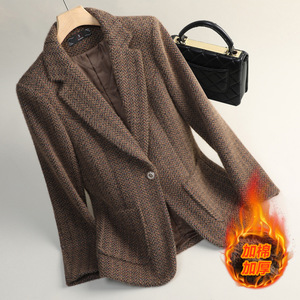 Women's Wool <b>Blend</b> Suit Jacket Slim Fit Full Sleeve Warm Winter Stripe Pattern Thickened Casual Top - Product Image 2