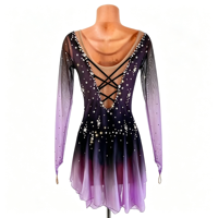 Robe de patinage artistique à manches longues, dégradé noir et violet, avec strass faits à la main, dos lacé en maille, pour filles et adultes