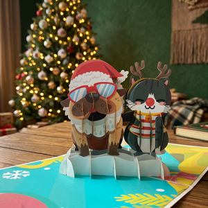 Carte de vœux de Noël pour chien et chat, vente en gros, découpe au laser, faite à la main, design Kirigami, papier de haute qualité, carte 3D, Viet-Craft - Product Image 1