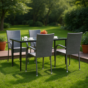 Ensemble de salle à manger pour jardin, gris, en rotin PE, structure en acier thermolaqué, verre trempé, mobilier d'extérieur contemporain, 4 places - Product Image 2