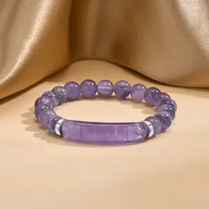 Pulseira de joias inspiradas por atacado para casal, pulseira elástica personalizada com pedras preciosas de ametista de cura natural