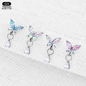 <b>Titanium</b> Butterfly Earrings 7mm G23 Opal Teardrop Pendant Ear Cartilage <b>Studs</b> Fashion Jewelry - Product Image 2