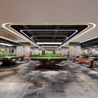 Conception d'intérieur personnalisée pour salle de billard avec table de billard et comptoir de réception, solution complète pour l'aménagement d'une salle de club