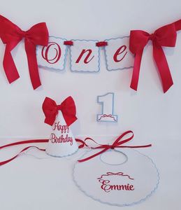 Customized Decorations White Red Blue Happy Hat One Banner Bib and Cake Topper Set 1St Birthday Decor - Product Image 1