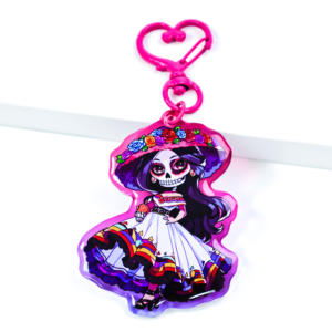 Llavero de acrílico personalizado del Día de Muertos, diseño de calavera de dibujos animados, niña con corona de flores, colgante con cierre de corazón, recuerdo para fiestas, regalo. - Product Image 4