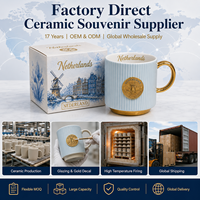 Mug à café en céramique souvenir des Pays-Bas, motif moulin à vent 3D avec insigne métallique doré, en porcelaine fine, personnalisable OEM ODM, vente en gros