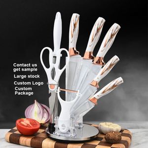 Juego de Cuchillos de Cocina Multiusos de Acero Inoxidable con Mango de Hilo Dorado y Mármol, Cuchillos de Chef Antiadherentes con Base Giratoria - Product Image 1