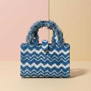 Sac Organisateur en Jute Bleu Chevron, Vente en Gros, Sac à Main Imprimé à la Main avec Franges et Pochettes Amovibles, Export Inde - Product Image 3