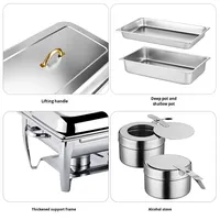 Plat de service rectangulaire de luxe en acier inoxydable argenté avec pieds dorés, double réchaud à buffet, chauffe-plats à alcool