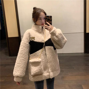 Women's Winter Loose Stand Collar Faux Fur Coat With Bear Design Warm Zipper Jacket White Gray Apricot Black - Product Image 4