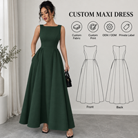 Robe longue pour femme en gros, tissée lisse, jupe plissée, sans manches, col rond, taille ajustée, jupe ample, robe longue trapèze