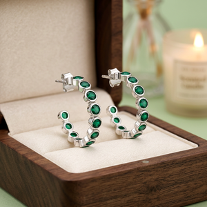Emerald 925 <b>Sterling</b> <b>Silver</b> Half Hoop <b>Earrings</b> – Bezel <b>Set</b> Round Gemstone Statement Jewelry - Product Image 5