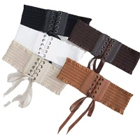Ceinture large pour femme, ajustable à la taille, avec dentelle à pampilles, garniture décorative en dentelle, nœud, boucle en fer et bouton-pression, longueur 65 cm