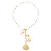 Collier à breloques Perle Océanique, Collier Lariat avec Perle Monnaie, Fermoir à bascule, Pendentif Tortue de mer et Coquille Saint-Jacques, Bijoux de plage pour Femme