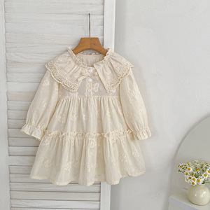 Combinaison décontractée pour filles en dentelle coréenne brodée, en spandex/coton, à manches longues, avec boutons-pression, silhouette évasée, vêtements pour enfants - Product Image 2