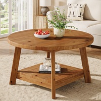 Table basse ronde en bois massif pour salon, 31,5 pouces, style ferme, table d'appoint circulaire à 2 niveaux avec rangement