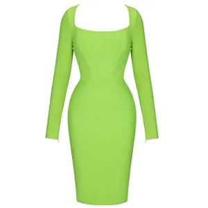 Флуоресцентные зеленые женские зимние платья с длинным рукавом и завязками, сексуальное базовое платье-корсет из 2021 спандекса, вечерние платья-миди для женщин