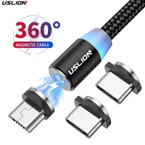 Uslion 1m 2.4A 3 trong 1 USB cáp sạc Cáp nam châm sạc nhanh Led Micro USB Loại C Cáp USB từ tính