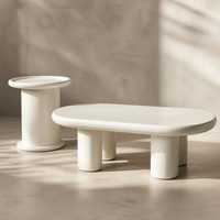Ensemble de table basse de salon moderne en bois blanc style crème, table centrale ovale de 120 cm et table d'appoint cylindrique de 40 cm