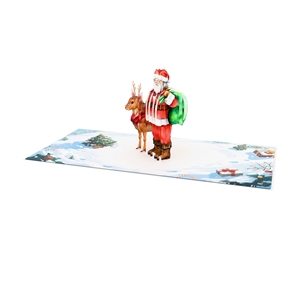 Carte de Noël 3D pop-up faite à la main, avec un Père Noël portant un sac cadeau vert et une scène festive avec des rennes. - Product Image 1