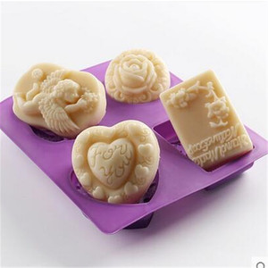 Moule à bougies en silicone sans BPA, à démoulage <span class=keywords><strong>facile</strong></span>, fait <span class=keywords><strong>maison</strong></span>, 4 cavités, formes différentes, cœur/fleur/angle, et moule à savon en silicone - Product Image 2