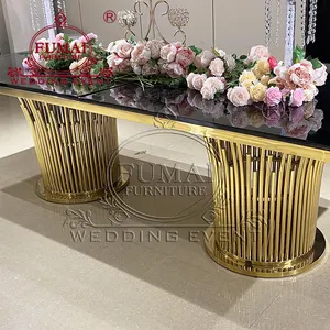 2 Metal Bloom Pedestal Base Wedding Gold Glass Dining Table