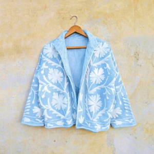Luxury Artisan Sky Blue <b>Velvet</b> Embroidered <b>Jacket</b> With White Floral Pattern Full Sleeve Stand Collar Boho <b>Women's</b> Winter Coat - Product Image 1