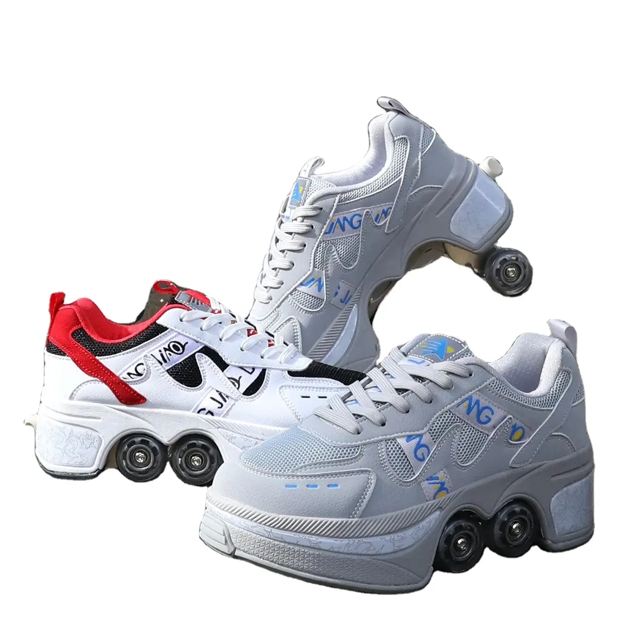 Patins retráteis Sapatos Adultos Outdoor Kick Out Roller Sneakers Dual Purpose Roller Sport Shoes 4 Wheels Shoes