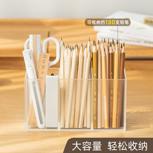 Three Compartment Transparent Pen Holder Plastic Desk Storage Box For Office Student Stationery Organization - Product Image 1