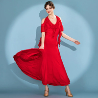 Robe longue de danse à volants et épaules dénudées, col en V, couleur unie, pour la danse moderne, compétitions et spectacles