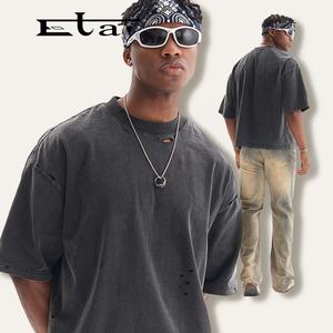 Haute qualité 100% coton Vintage lavage lourd surdimensionné T-shirt impression personnalisée Logo Slim Fit tricoté tissu pour hommes - Product Image 1