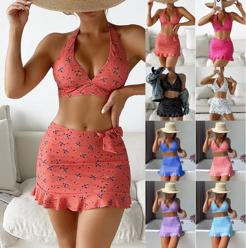 Wholesale swimsuit women 3-piece floral bikini pink spandex swimsuit modest swimwear for women high waisted bikini