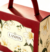 Boîte cadeau rigide portable entièrement personnalisée, écologique, à motif floral, avec fenêtre, cadre rouge, logo personnalisé et impression du plateau intérieur