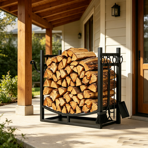 Freestanding Unique <strong>Firewood</strong> Rack with Side Hooks Heavy Duty Metal Log <strong>Storage</strong> for Outdoor Courtyard Fire Pit - Product Image 4