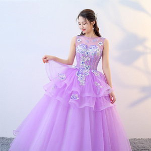 Women's Purple Long Puffy Skirt Stage Performance Dress For Vocal Exam Folk Bel Canto Solo Singing Polyester Gauze - Product Image 2