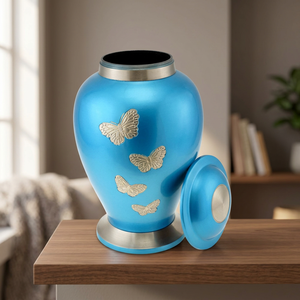 Urne funéraire en aluminium bleu pour cendres, vase commémoratif décoratif papillon, décoration funéraire - Artisanat indien - Product Image 1