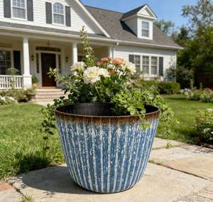 빈티지 버건디 세로 줄무늬 레진 화분, 입구가 넓은 실내외 정원용 화분, 홈데코 및 식물 전시용 - Product Image 5