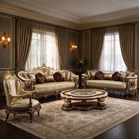 Ensemble de canapés courbes, meubles en bois sculpté de style européen classique avec canapé rembourré, fauteuil et table pour maison de luxe, villa, appartement