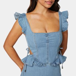 Vestido de mezclilla azul claro largo con cremallera y cuello cuadrado, con volantes asimétricos, elegante y a la moda para mujer, venta al por mayor - Product Image 3